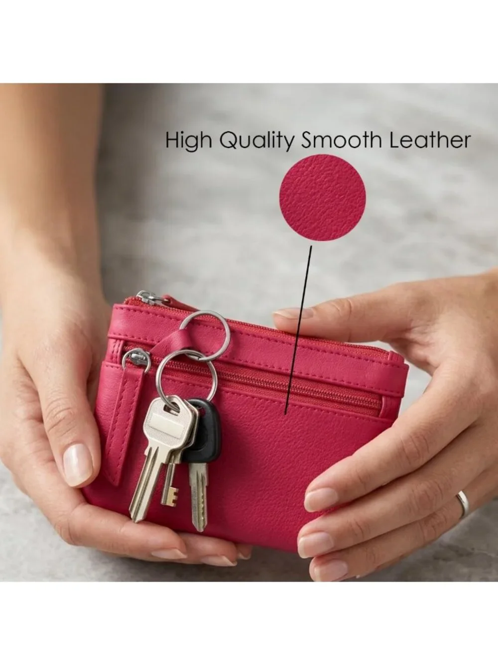 Compact Leather Coin Purse with Key Ring & RFID Protection - Vibrant Orange